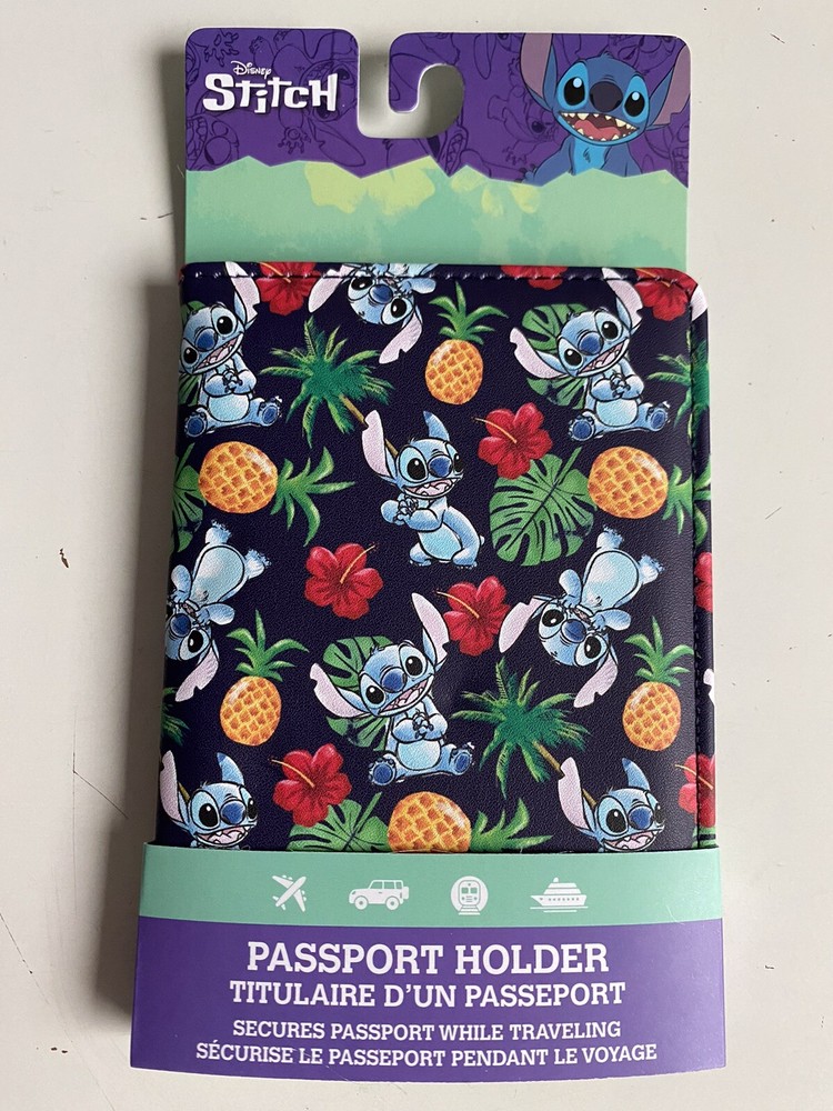 Disney Lilo & Stitch Dark Blue Tropical Passport Holder Hibiscus Pineapple NEW