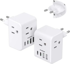 2 Pack European Travel Plug Adapter, International Power Plug Adapter with 3 Out
