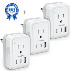 3 Pack European Travel Plug Adapter, VINTAR Foldable International white+gray