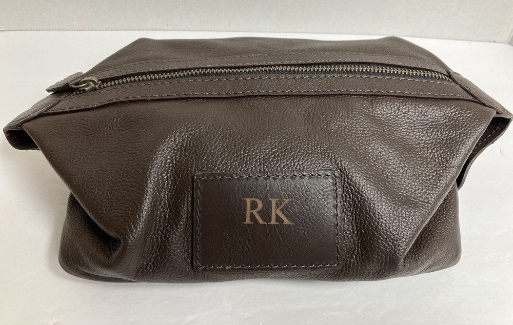 POTTERY BARN MENS BROWN LEATHER GRANT SHAVING TOILETRY BAG CASE «MONOGRAMMED RK»