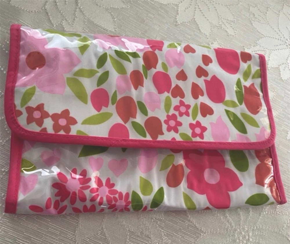 Vintage Flower power pink vinyl makeup folding travel organizer floral pouch
