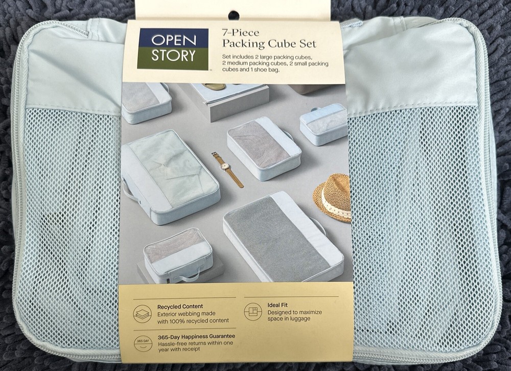 Open Story 7-Piece Packing Cube Set 100% Recycled Polyester Cube Aqua Blue