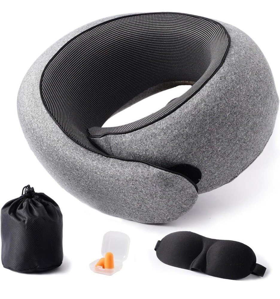 Ergonomic Memory Foam Travel Neck Pillow Set with 3D Eye Mask and Earplugs