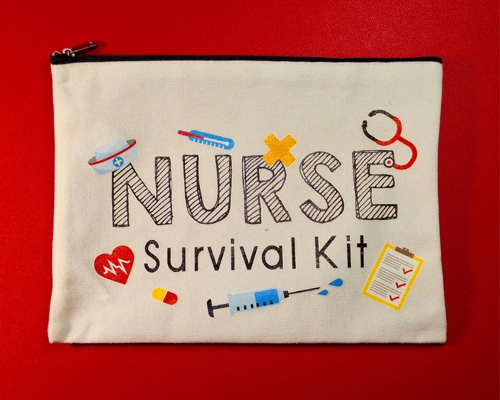 «Nurse Survival Kit» White Denim Cosmetic/Anything Zippered Bag 7.5 x 10″ – NEW