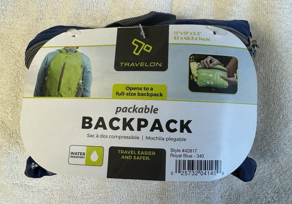 Travelon travel bag Packable Backpack 42817 “open full size” water Resistant NWT