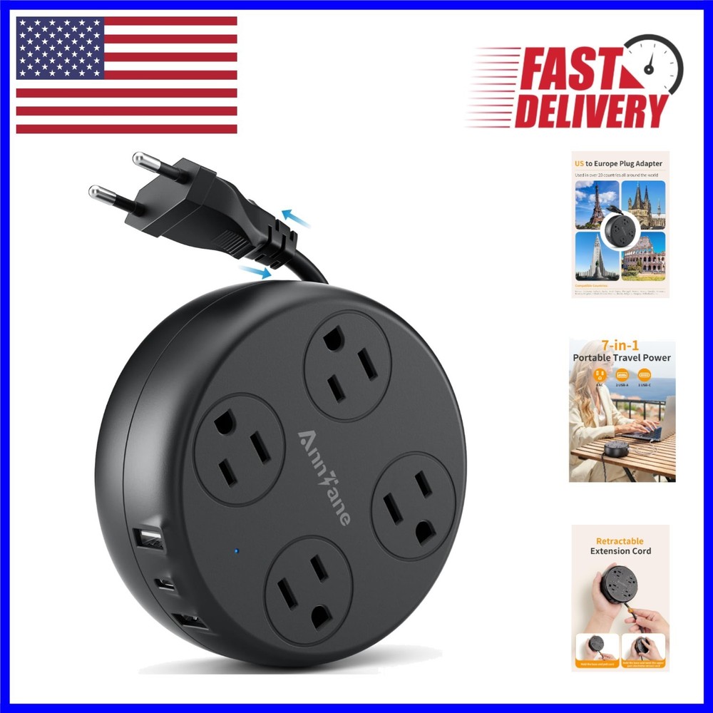 Compact Recharge Station – 7-in-1 European Adapter with USB-C & AC Outlets