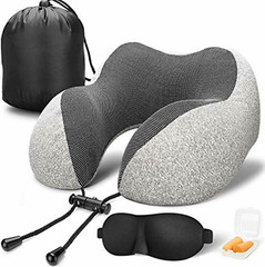 Luxury Travel Pillow Memory Foam Neck Pillow, Soft Breathable Cover + 3 extras!
