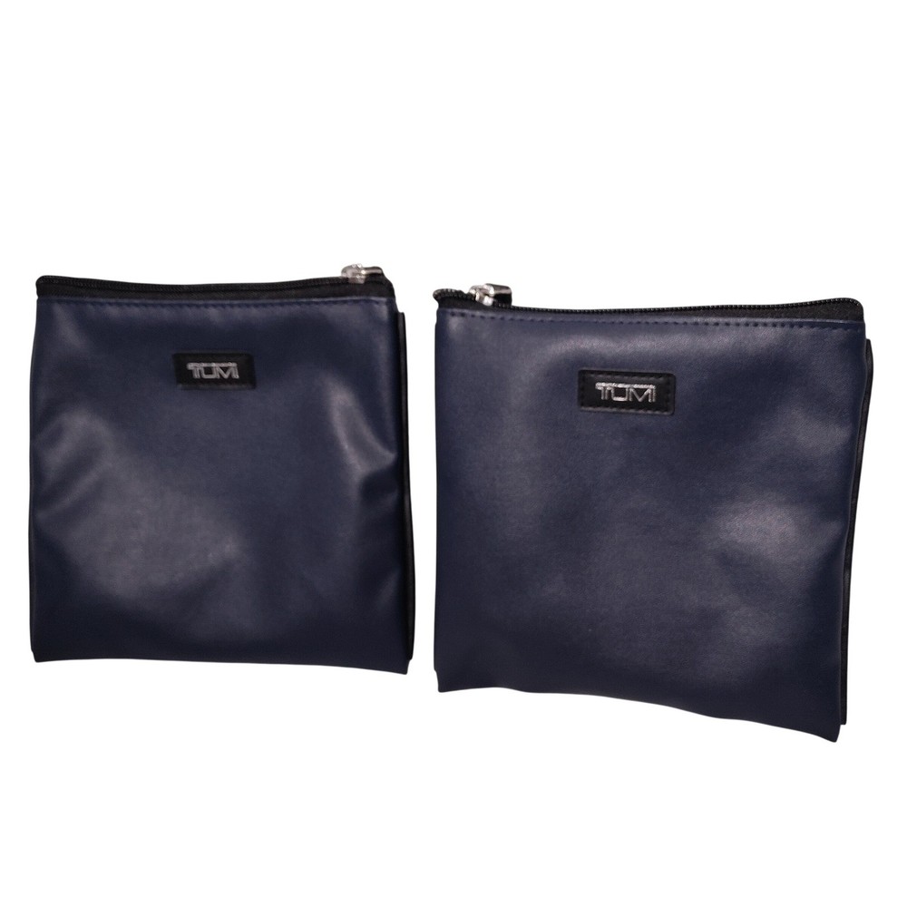 TUMI for Delta Navy Blue Faux Leather Travel Amenity Pouch Set of 2 Zippered