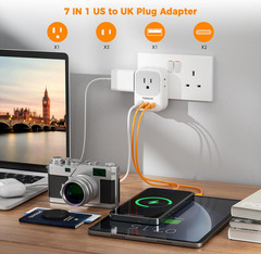 US to UK Plug Adapter, Type G Travel Adaptor with 4 Electrical Outlets 3 USB Por