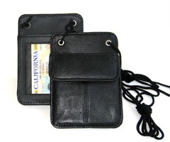 Black Leather ID Badge Card Holder Wallet Neck Strap Travel Work Lanyard