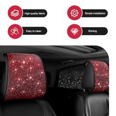 Bling Car Headrest Covers, Sparkling Full Rhinestone Car Seat Head 2 PCS Red
