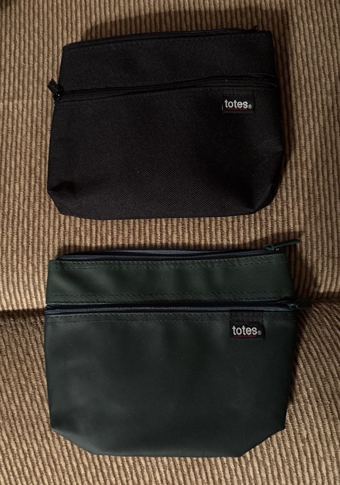 2 Totes Pouch Bag Black/green 2 Zipper Canvas/plastic Travel Bags 6” X 8”