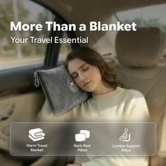 Light Grey Travel Blanket 2In1 Airplane Compact Bag Luggage Clip 65×40 Inch