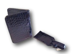 Passport Wallet & Luggage I.D. Tag Set 2-Piece Navy Blue Croc Faux Leather