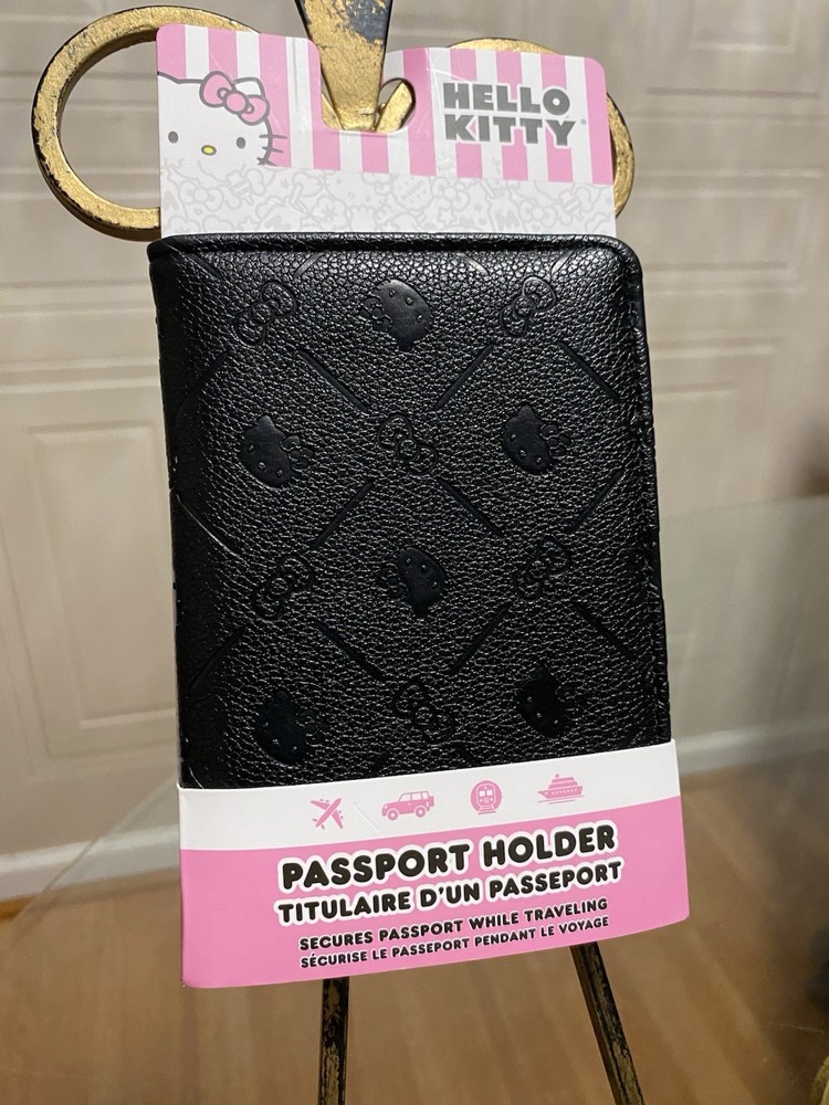 Hello Kitty Embossed Black Leather Passport Wallet Organizer For Travel