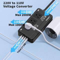 2000W Voltage Converter US to Europe for Hair Dryers, 7-In-1 220V to 110V Conver