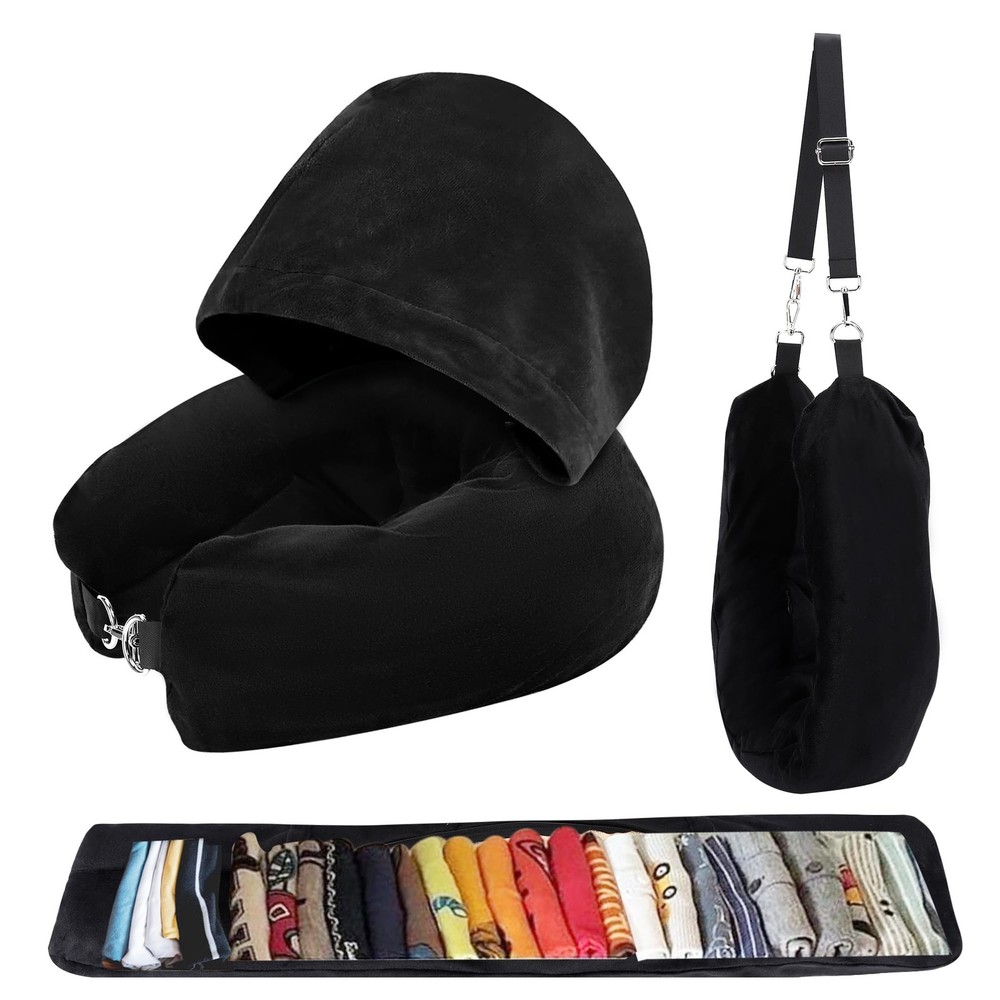Stuffable Travel Neck Pillow with Hood, Soft Velvet Pillow Stuffable with Clo…