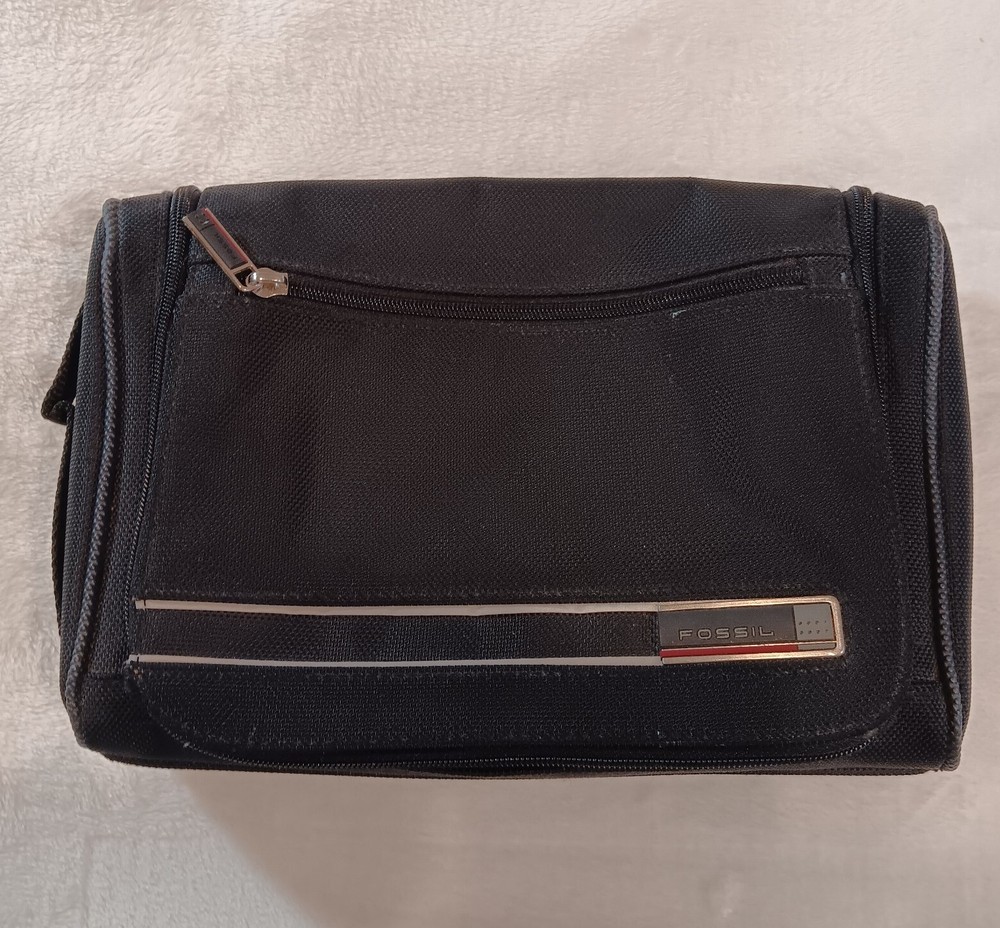 Vtg Fossil Black Nylon Travel Toiletry Bag w/Hook Handle 4 Zippered Pockets