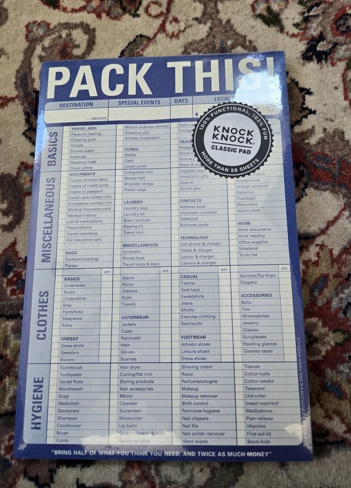 New Pack This! Pad Packing List Travel Note Pad 6×9 59 Paper Sheets Checklist