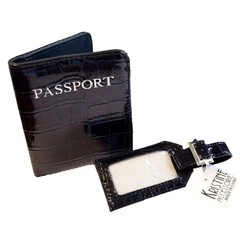 Passport Wallet & Luggage I.D. Tag Set 2-Piece Navy Blue Croc Faux Leather
