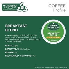 Green Mountain Coffee Roasters Breakfast Blend, Single Keurig K-Cup Pods, 72 ct