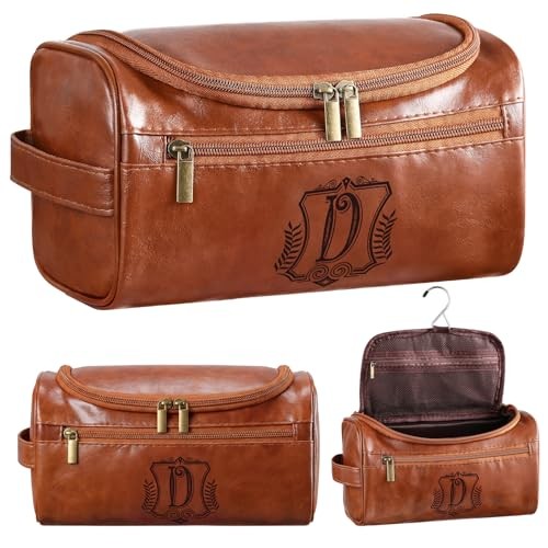 Personalized Leather Toiletry Bag for Men Initial Travel Bag with Hook D
