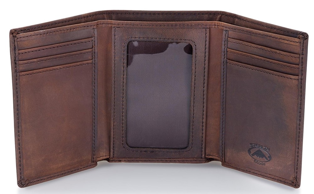 Stealth Mode Trifold Leather Wallet for Men with RFID Blocking & Gift Box Brown