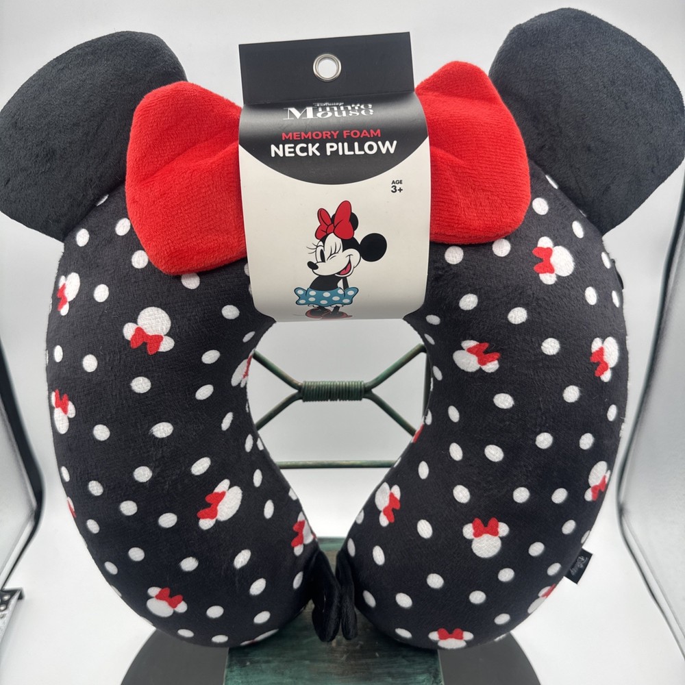 Disney Minnie Mouse Black/red Minnie Memory Foam Neck Pillow w/ Ears and Bow NWT