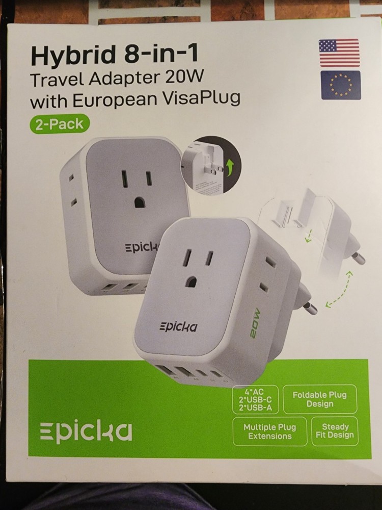 epicka Hybrid 8-in-1 Travel Adapter 20W US to EU, 2-Pack TA-568AZU020