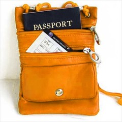 Orange PASSPORT Leather ID Card Holder Neck Strap Pouch Travel Bag USA Seller