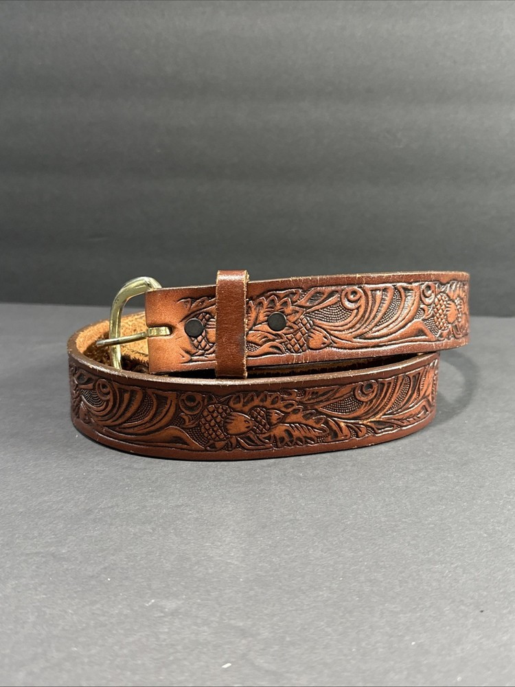 Vintage TOREL 466 Western Tooled Leather Cowhide Belt sz 42 Made In Texas