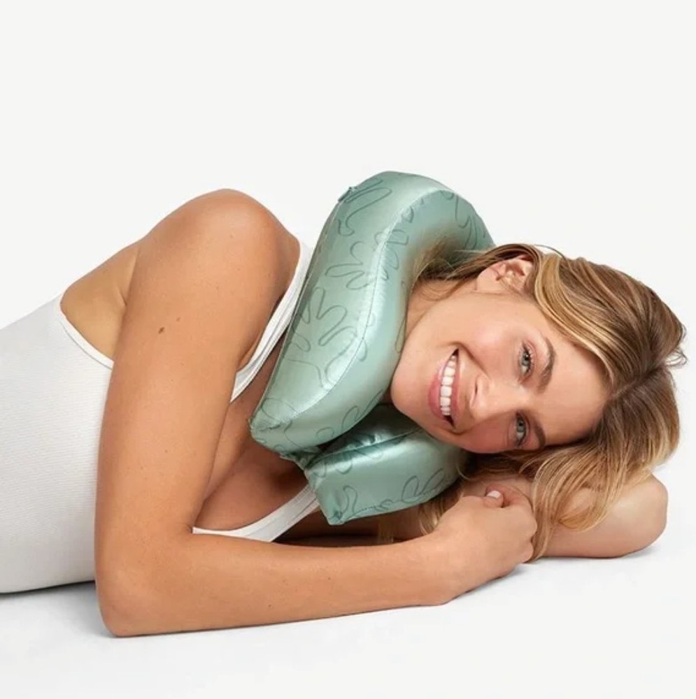 Lost Wander Satin Travel Pillow Sage Green Memory Foam Removable Cover