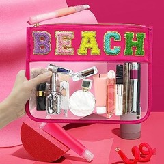 Chenille Letter Clear Beach Bag Nylon Makeup Zipper Pouch, Rose Red-Beach