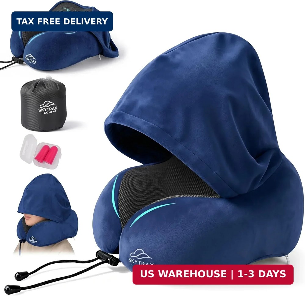 SkytraxComf® Travel Neck Pillow with Hood for Privacy on Long Flights | Memory F