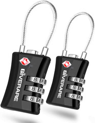 2-Pack TSA Approved Cable Travel Locks, 3-Digit Combination, Long Shackle, Black