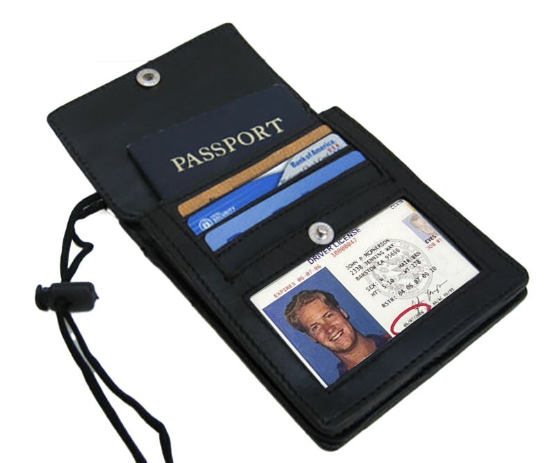 RFID Blocking Leather Passport Holder Credit Card Organizer Neck Strap Lanyard