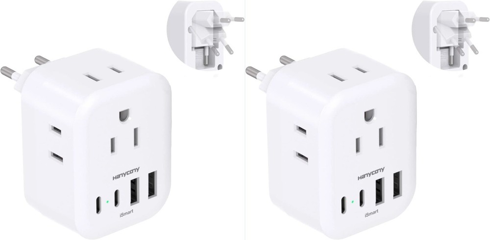 2 Pack HANYCONY European Travel Plug Adapter Foldable 4 Outlets + 4 USB Ports