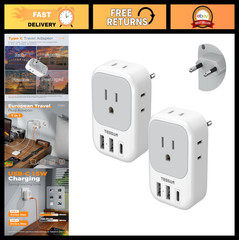 2 Pack European Plug Adapter USB C, 4 Outlets & 3 USB Charger for Travel Europe