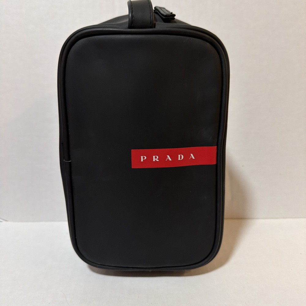 Prada Toiletry Bag Dopp Kit Travel Wash Case Black Red Stripe Logo Zip Handle