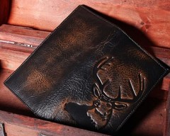 Deer Long Wallet For Men Full Grain Leather with Hand black brown with deer