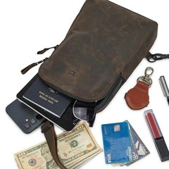 Real Leather Travel Sling Bag for Women Men Front Chest Coffee Crazy Horse