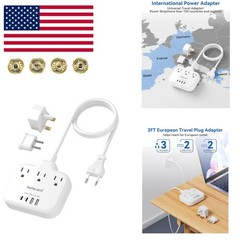 Multi-Functional European Travel Adapter with 3 Outlets, 4 USB Ports & 3ft Cord