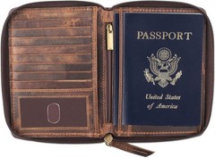 Bi-fold Leather Travel Document Holder with Credit Card Slots and Coin Pocket