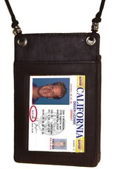 Black Leather ID Card Holder Neck Travel Pouch Wallet Neck Strap USA Seller