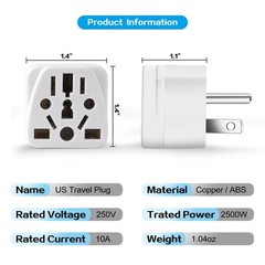 2 Pack US Travel Plug Adapter, EU,UK,AU,in,CN,JP,Asia,Italy,Brazil to White