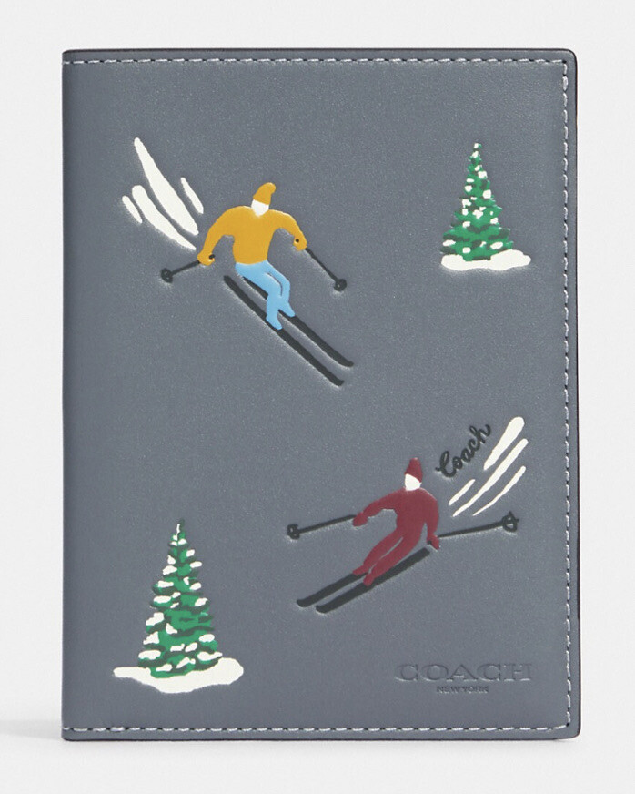 *COACH*~Leather Passport Case W/Ski Slopes Print~Gunmetal/Industrial Grey~CE663