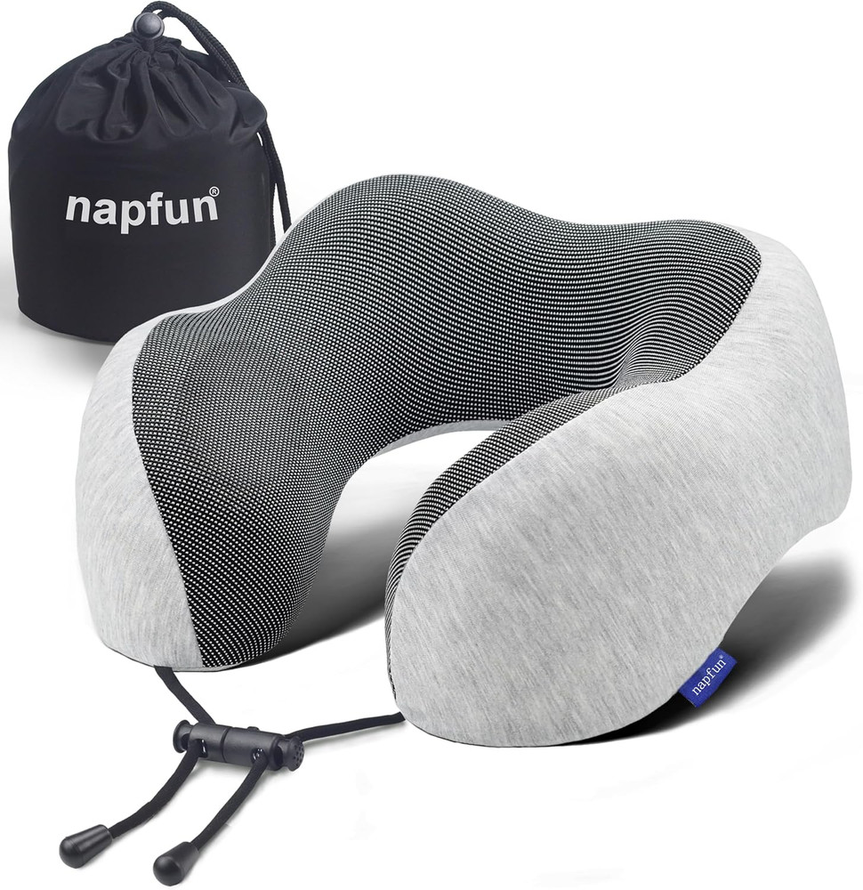 Travel Neck Pillow 100% Memory Foam – Portable Airplane Headrest – Light Grey
