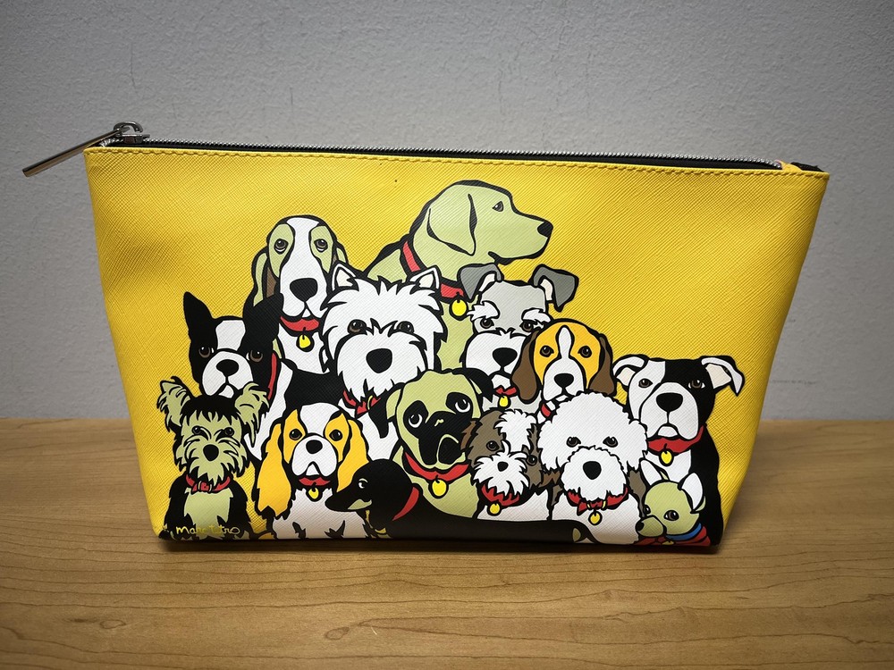 Marc Tetro My Dogs Yellow Dog Print Cosmetic Bag PVC Zip Travel Makeup Pouch