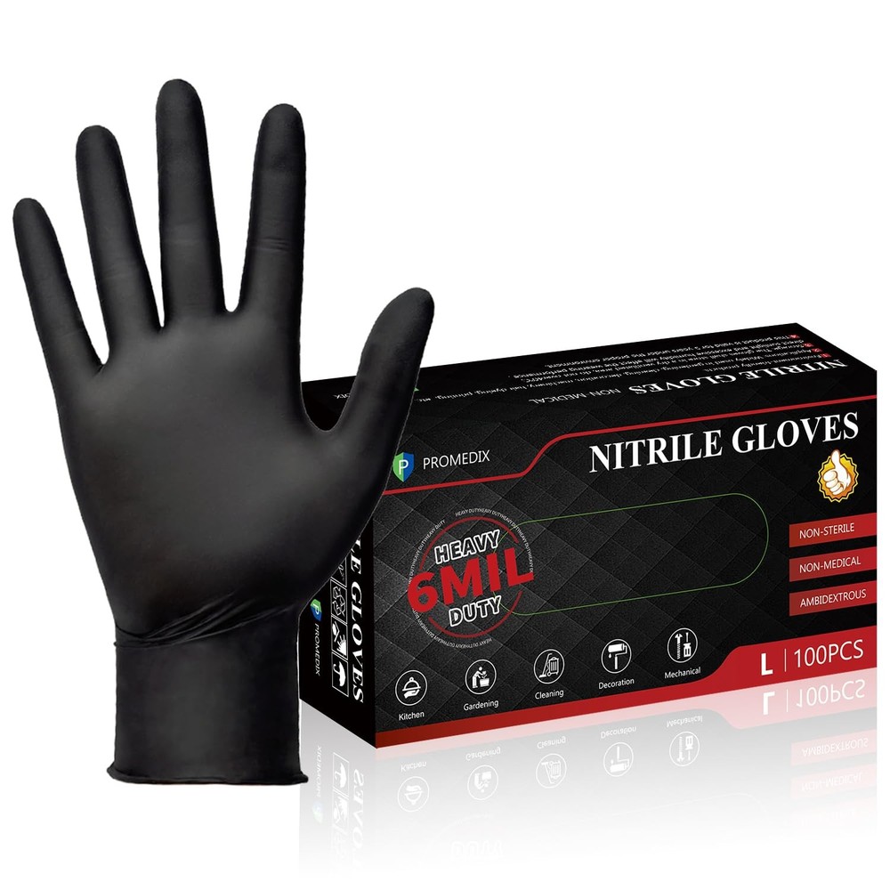 PROMEDIX P Heavy Duty Nitrile Gloves,6mil-100 Count,Black Small, Black