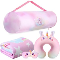 4 Pcs Unicorn Travel Pillow and Blanket Set for Airplane Blanket Memory Foam …